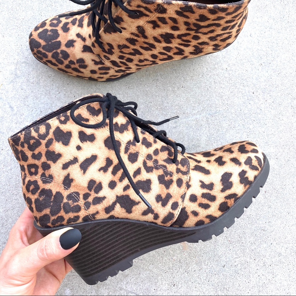 Brand New Leopard Animal Print Wedge Heeled Lace Up Ankle Boots Booties